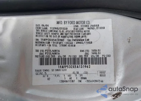 2005 Ford Taurus Se z USA, uszkodzony, nr VIN 1FAFP532X5A131962